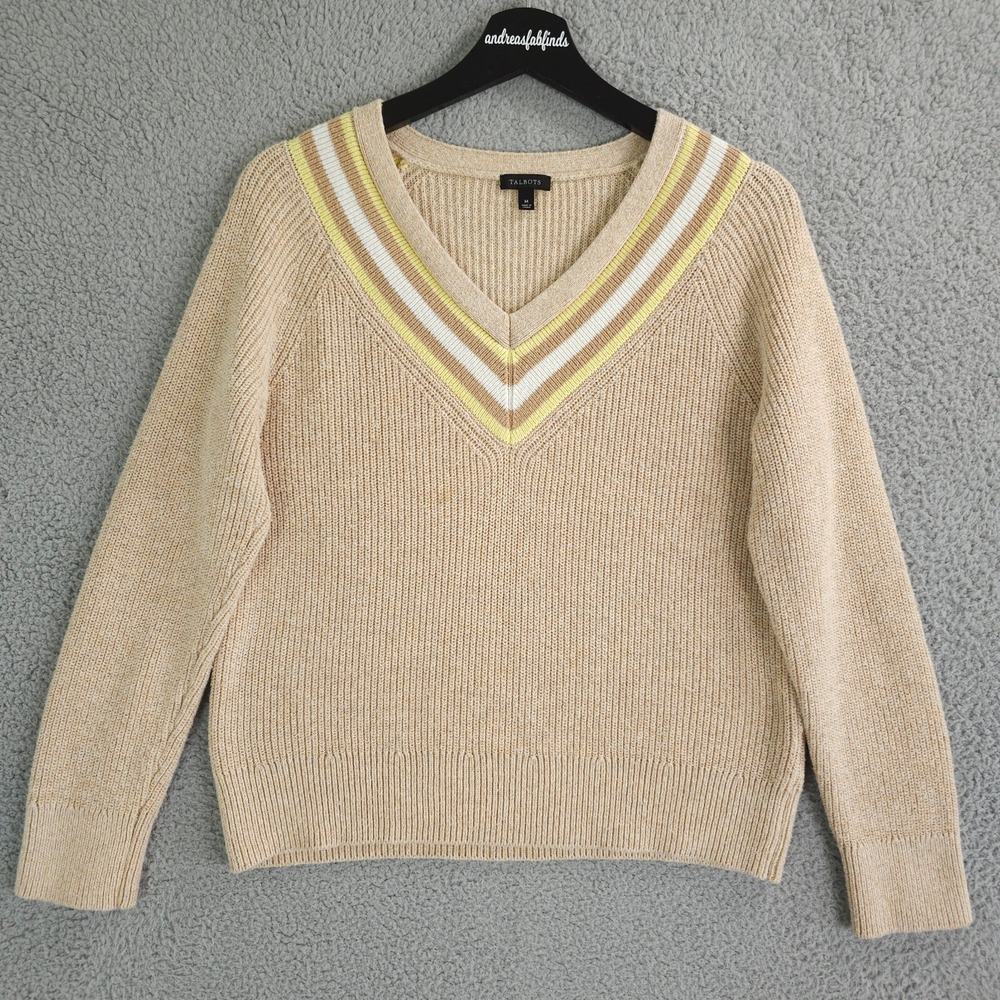Talbots Sweater Womens Medium Beige V Neck Stripe Textured Knit Pullover Tipped